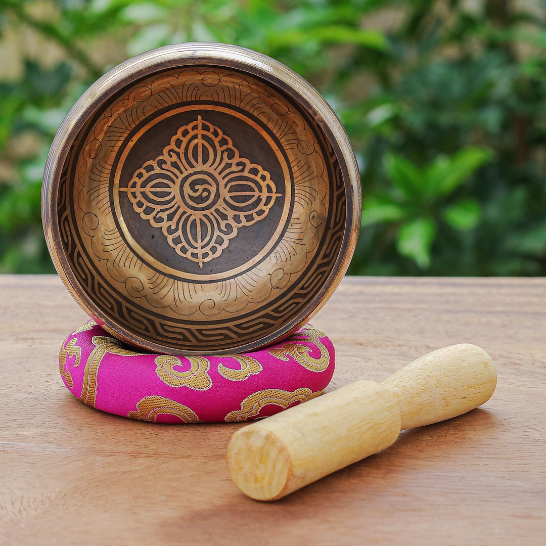 Brass Alloy Singing Bowl Set with Wooden Mallet (3 Pcs) - Pink Mantra