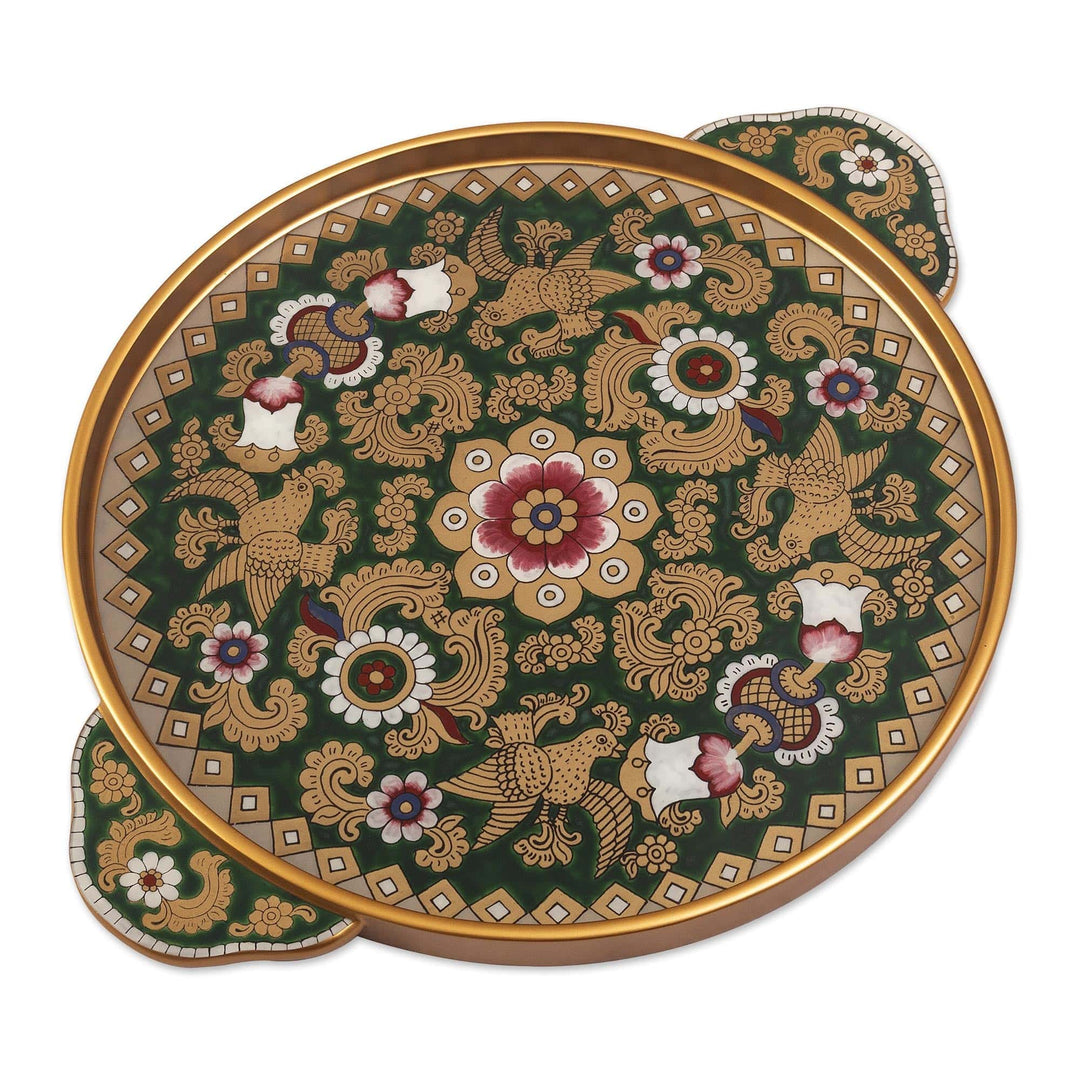 Reverse Painted Glass Green Colonial Style Serving Tray - Colonial Birds in Green