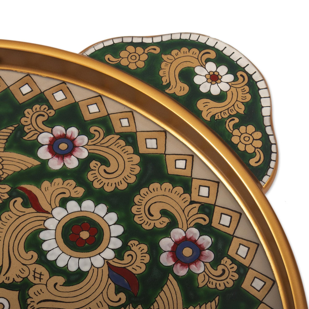 Reverse Painted Glass Green Colonial Style Serving Tray - Colonial Birds in Green