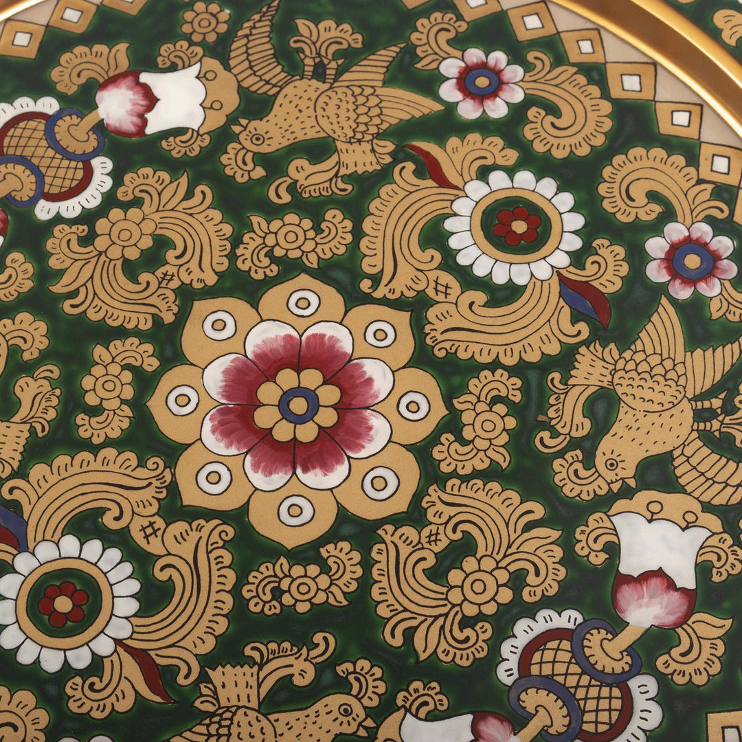 Reverse Painted Glass Green Colonial Style Serving Tray - Colonial Birds in Green