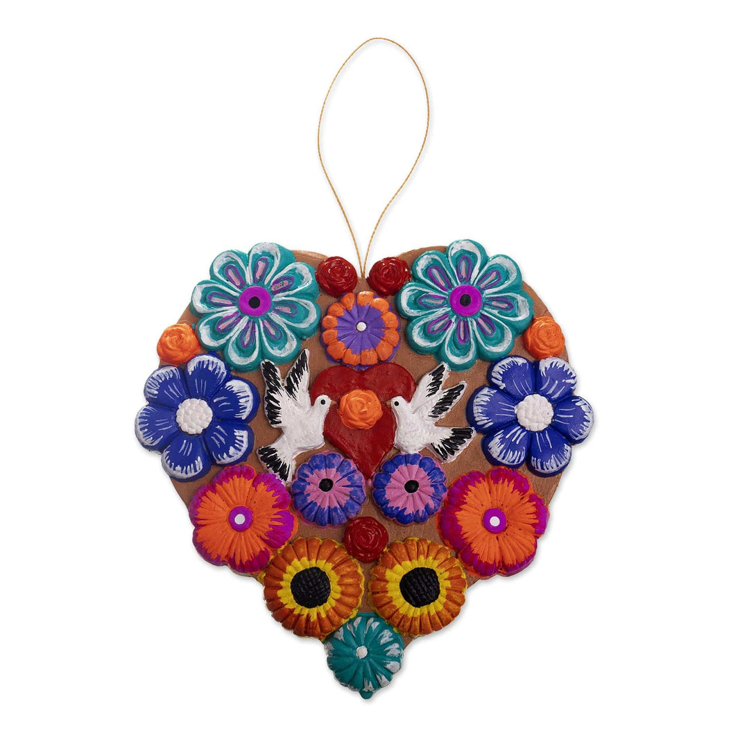 Handcrafted Heart-Shaped Ceramic Ornament - Christmas Doves of Peace
