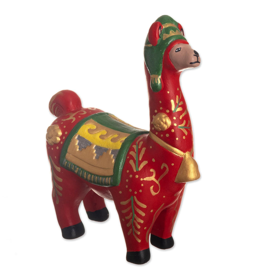 Hand Painted Holiday Llama Sculpture - Holiday Llama in Red