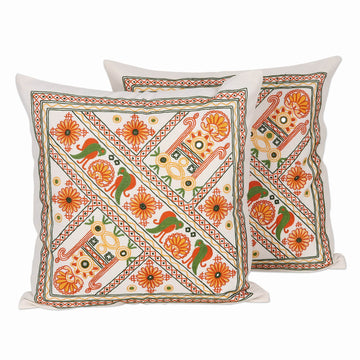 Embroidered Cotton Cushion Covers (Pair) - Kaleidoscopic Palace