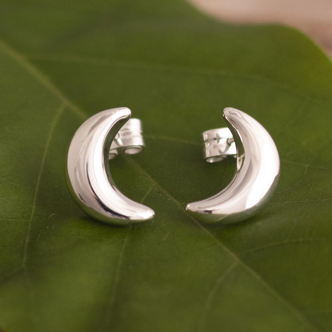Sterling Silver Button Earrings with Crescent Moon Motif - Mirror Image Moons
