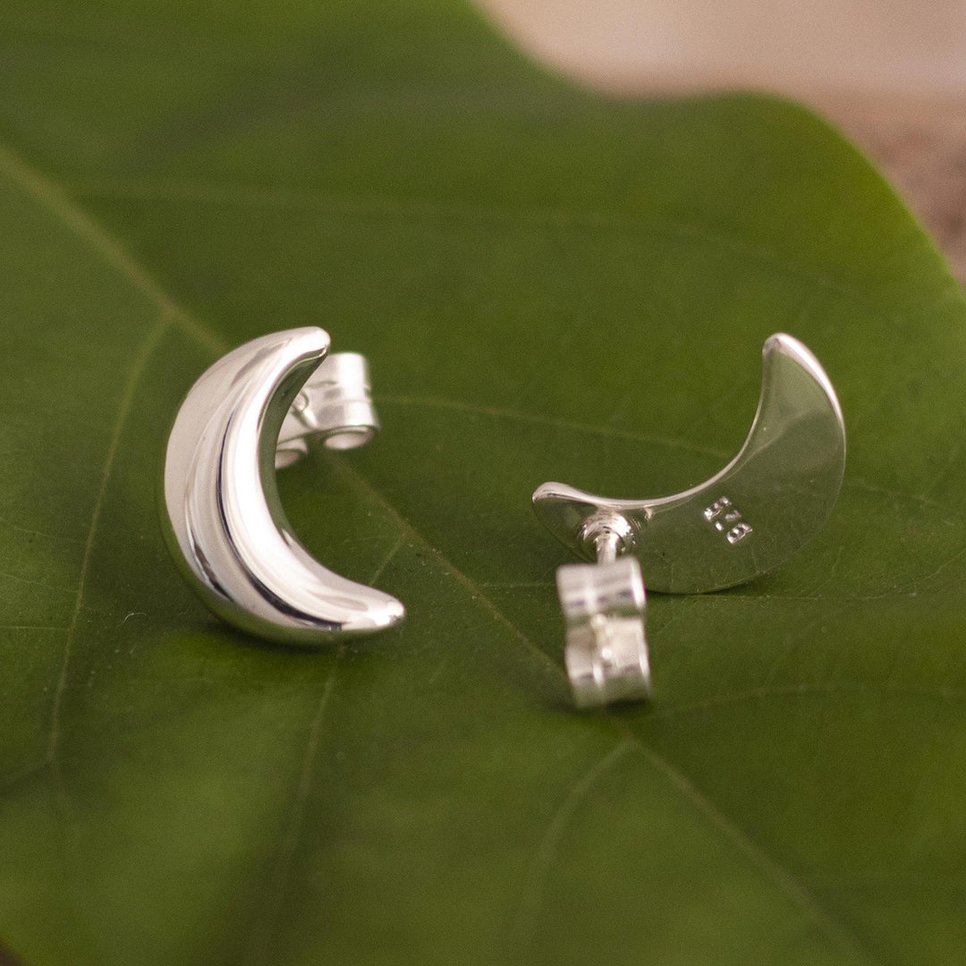 Sterling Silver Button Earrings with Crescent Moon Motif - Mirror Image Moons