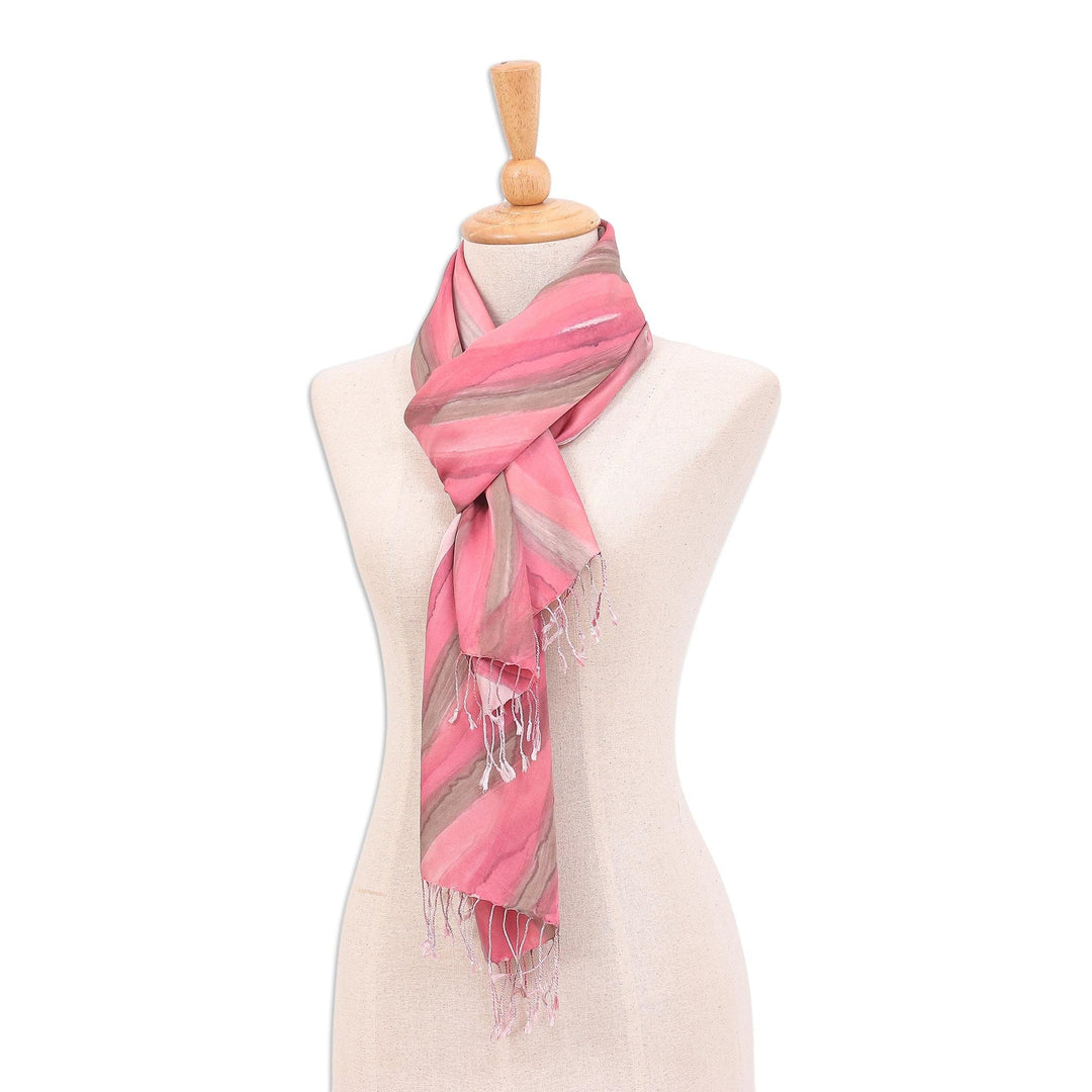 Hand-Painted Striped Silk Scarf - Pink Vine
