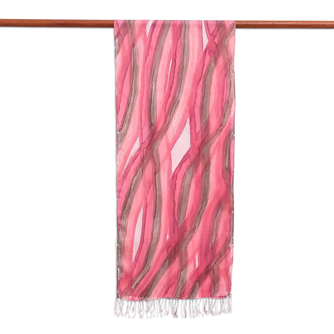 Hand-Painted Striped Silk Scarf - Pink Vine
