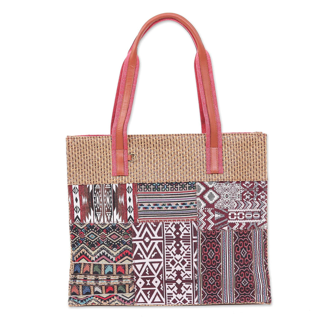 Leather-Accented Cotton Blend Tote Bag - Chill Night in Red