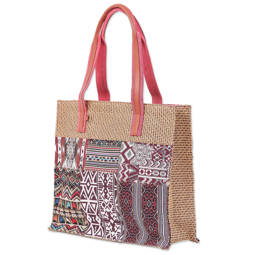 Leather-Accented Cotton Blend Tote Bag - Chill Night in Red
