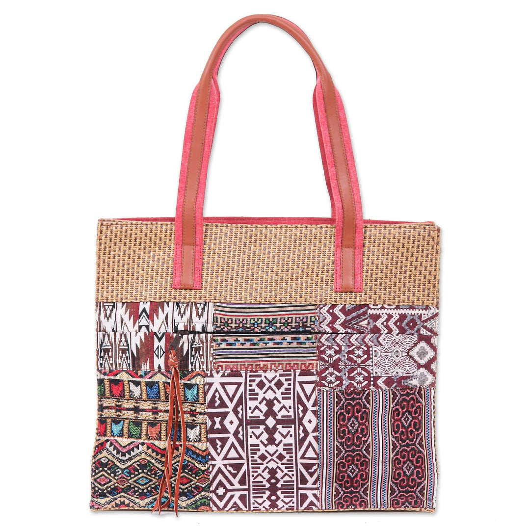 Leather-Accented Cotton Blend Tote Bag - Chill Night in Red