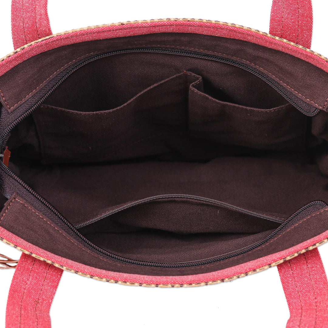 Leather-Accented Cotton Blend Tote Bag - Chill Night in Red