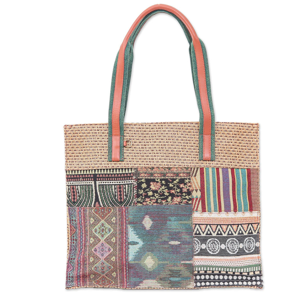 Thai Leather-Accented Cotton Tote Bag - Chill Night in Green