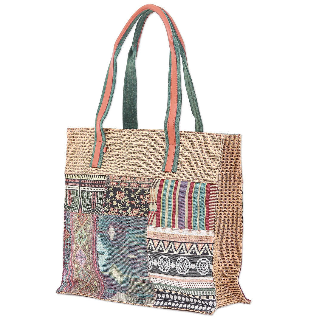 Thai Leather-Accented Cotton Tote Bag - Chill Night in Green