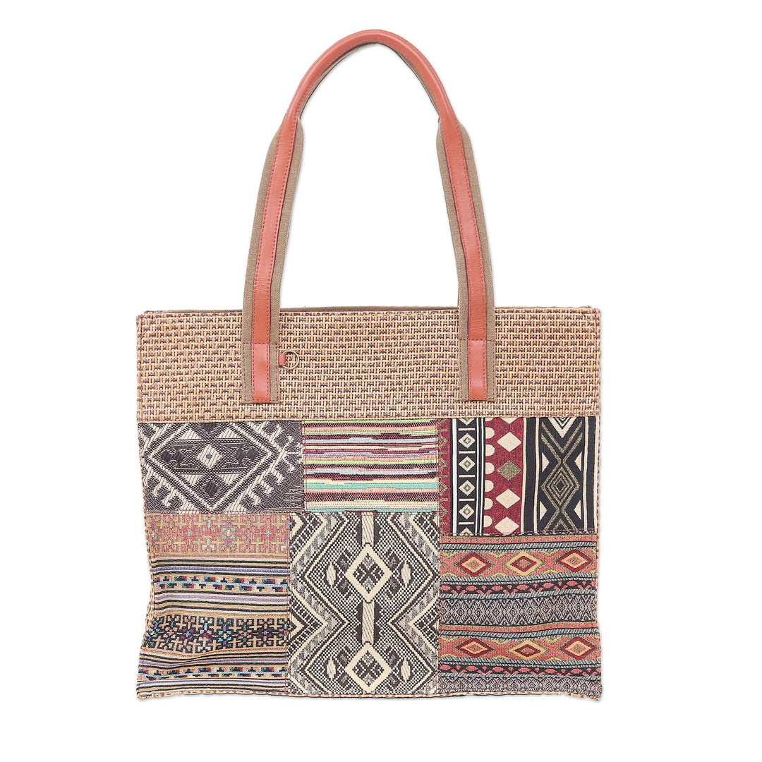 Patchwork Cotton Tote Bag with Leather Handle - Chill Night in Yellow