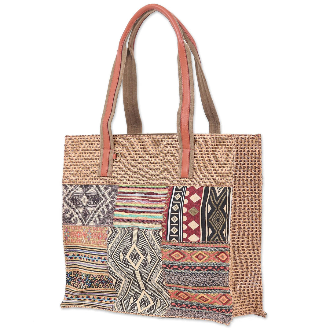 Patchwork Cotton Tote Bag with Leather Handle - Chill Night in Yellow