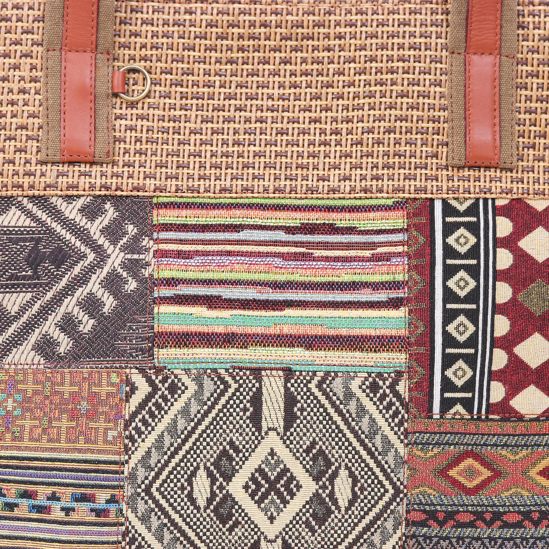 Patchwork Cotton Tote Bag with Leather Handle - Chill Night in Yellow