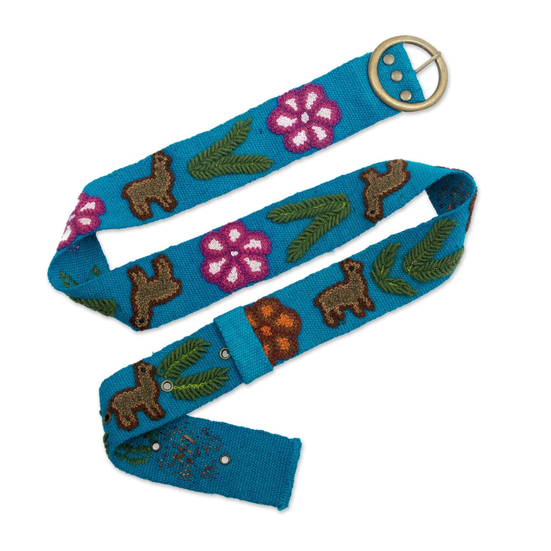 Turquoise Cloth Belt Embroidered with Llamas and Flowers - Llama Cavalcade