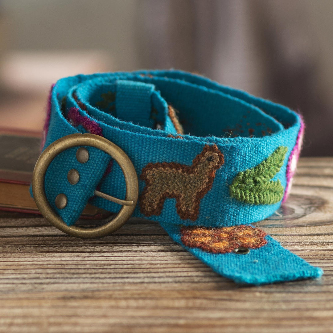 Turquoise Cloth Belt Embroidered with Llamas and Flowers - Llama Cavalcade