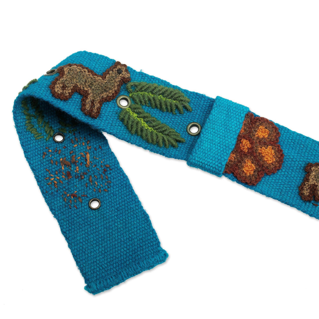 Turquoise Cloth Belt Embroidered with Llamas and Flowers - Llama Cavalcade
