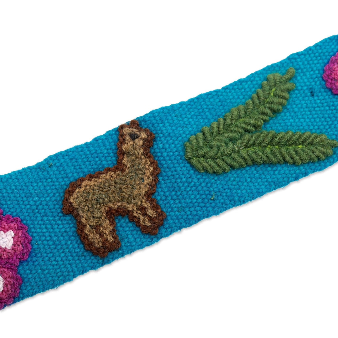 Turquoise Cloth Belt Embroidered with Llamas and Flowers - Llama Cavalcade