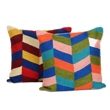 Embroidered Cotton Cushion Covers from India (Pair) - Colorful Count Down