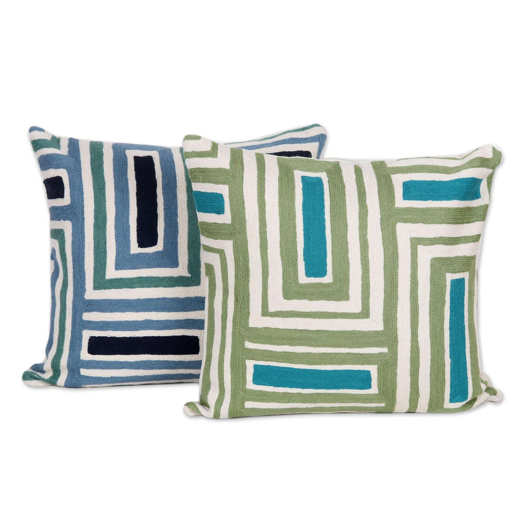 Chain-Stitched Cotton Cushion Covers (Pair) - Maze Haze