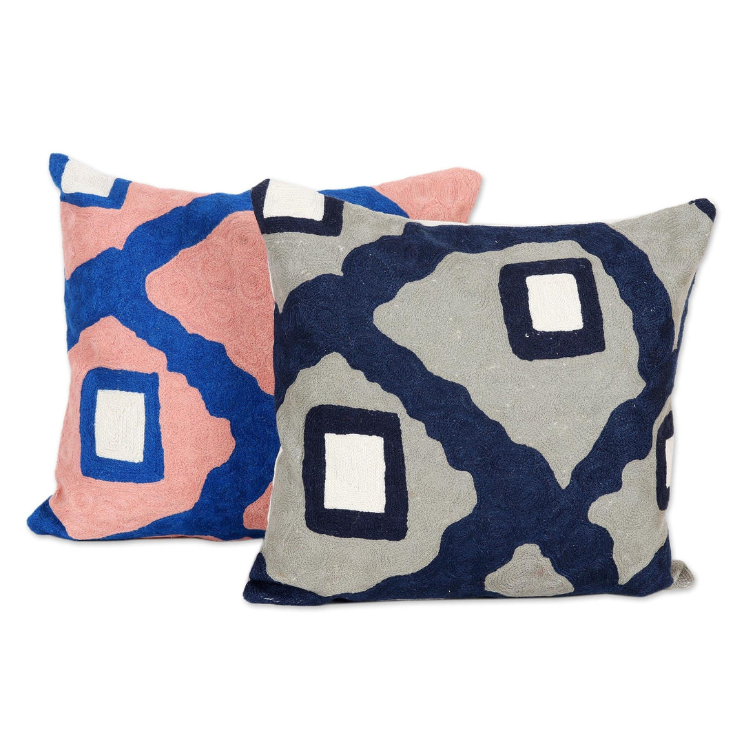 Cotton Cushion Covers with Chain Stitch Embroidery (Pair) - Modern World