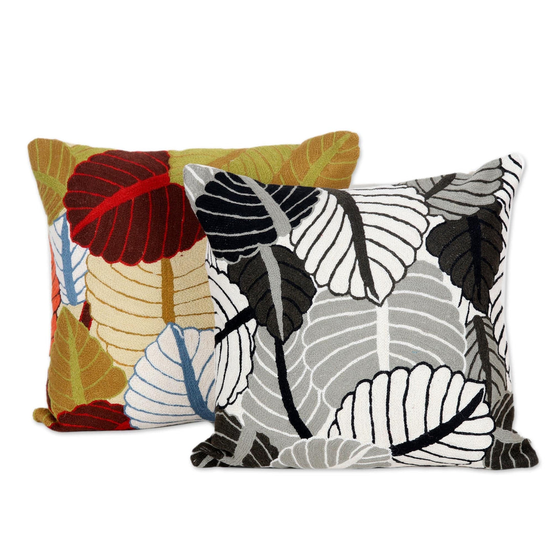 Embroidered Cotton Cushion Covers with Leaf Motif (Pair) - Leaf Pile
