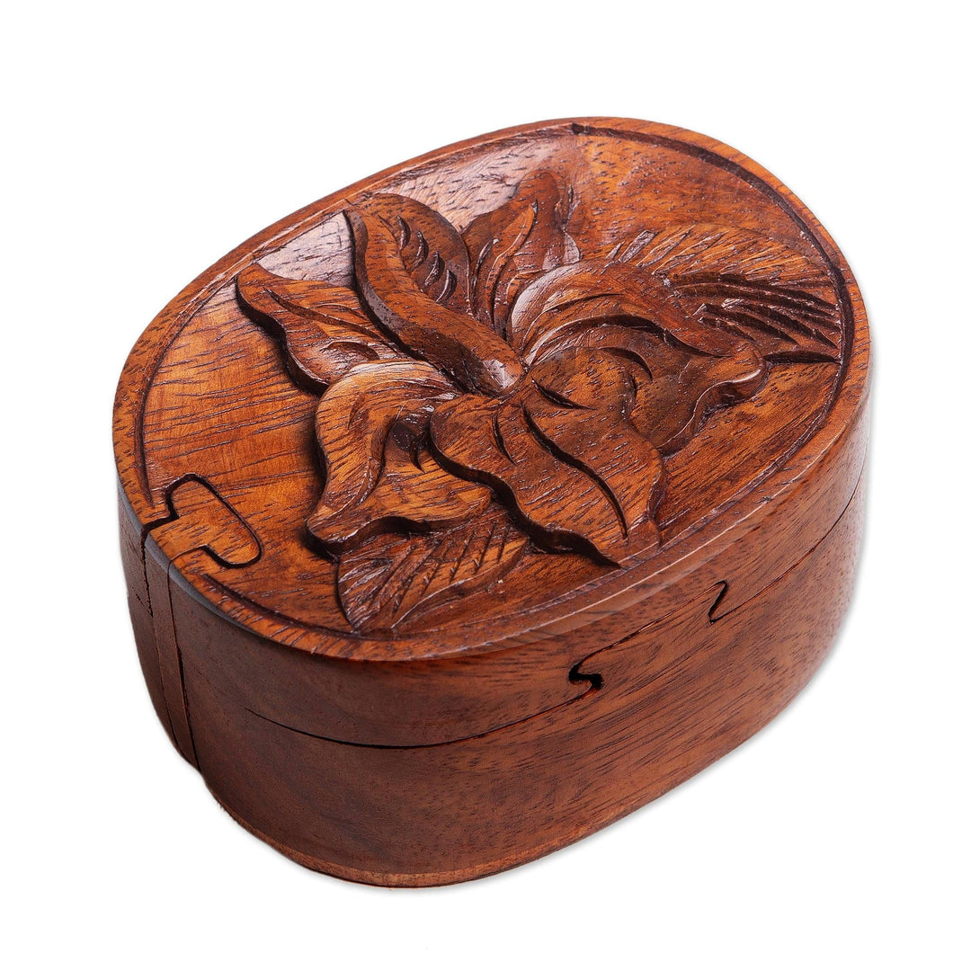 Hand Carved Hibiscus Flower Puzzle Box - Autumn Hibiscus