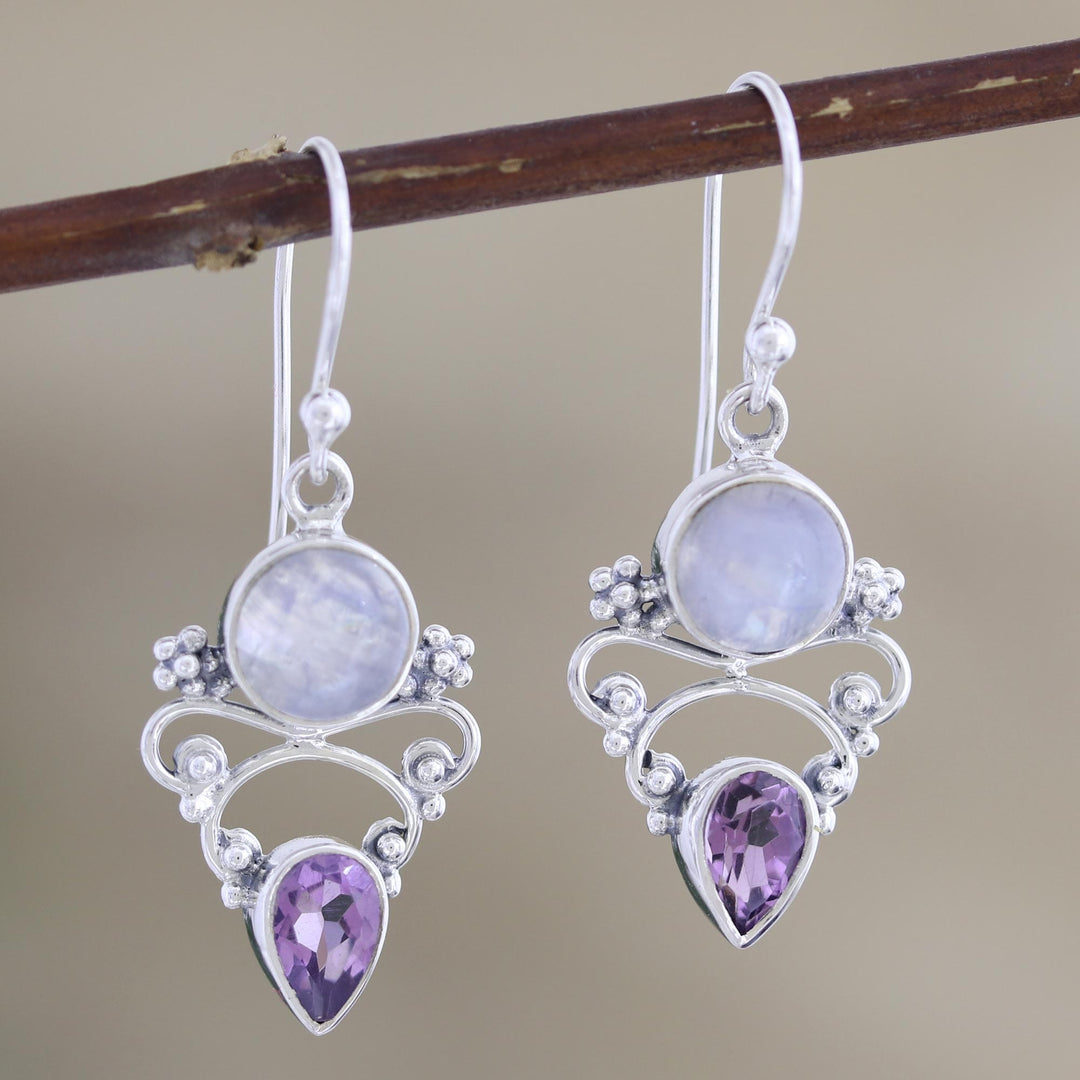 Amethyst and Rainbow Moonstone Dangle Earrings - Mystic Tide