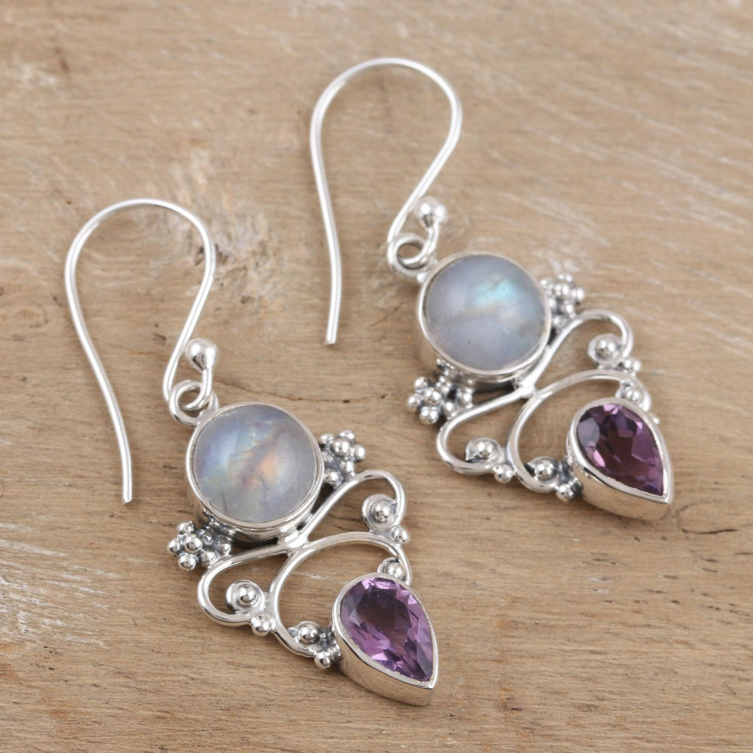Amethyst and Rainbow Moonstone Dangle Earrings - Mystic Tide