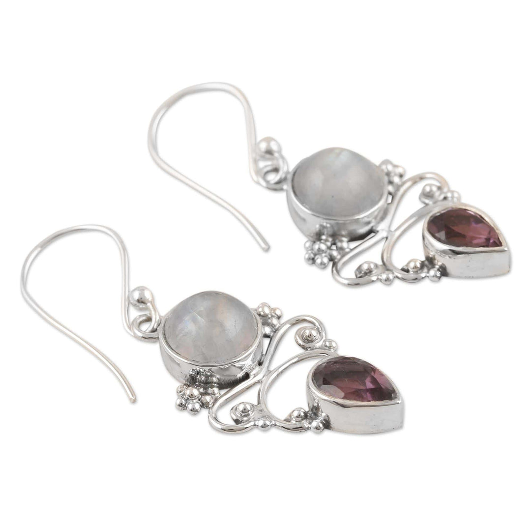 Amethyst and Rainbow Moonstone Dangle Earrings - Mystic Tide
