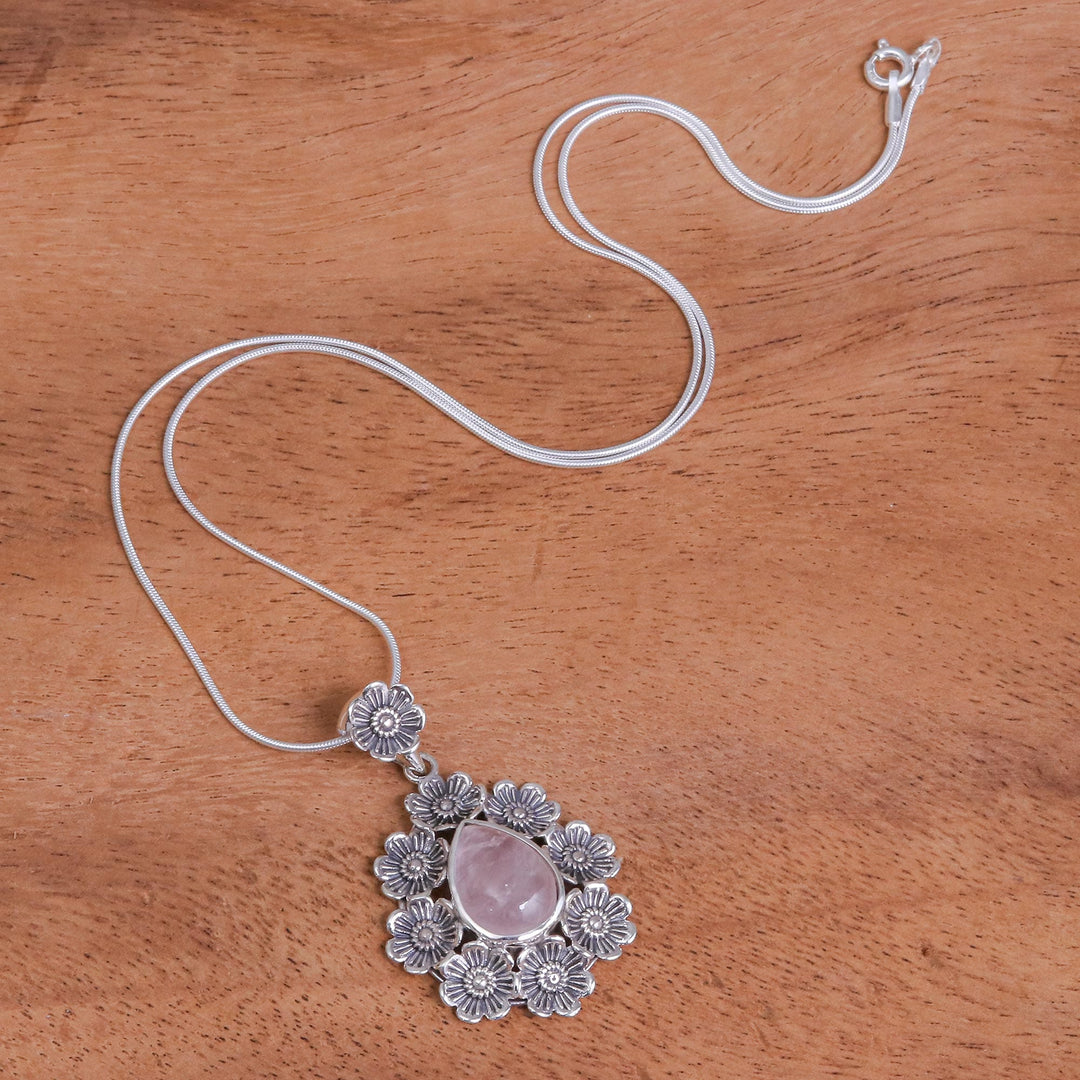 Rose Quartz Pendant Necklace with Floral Motif - Crowned Beauty in Light Pink