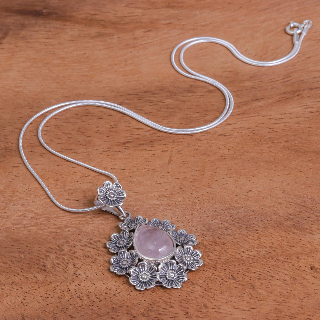 Rose Quartz Pendant Necklace with Floral Motif - Crowned Beauty in Light Pink