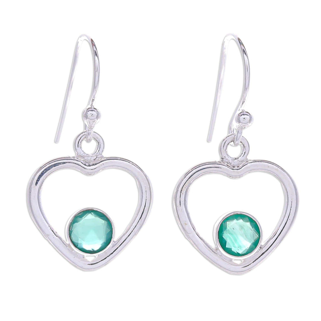 Green Chalcedony Dangle Earrings with Heart Motif - Earnest Offer in Green