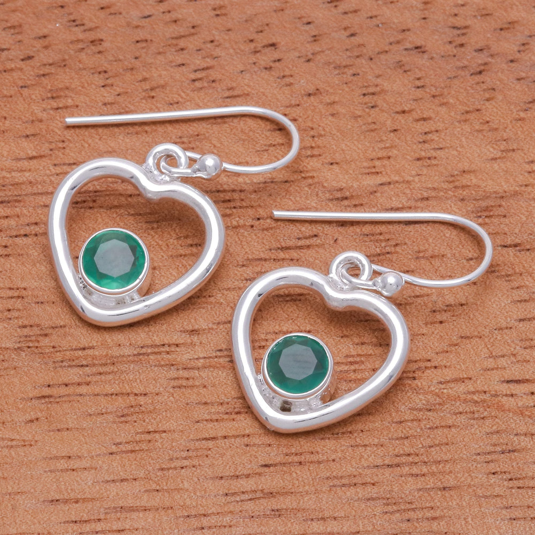 Green Chalcedony Dangle Earrings with Heart Motif - Earnest Offer in Green