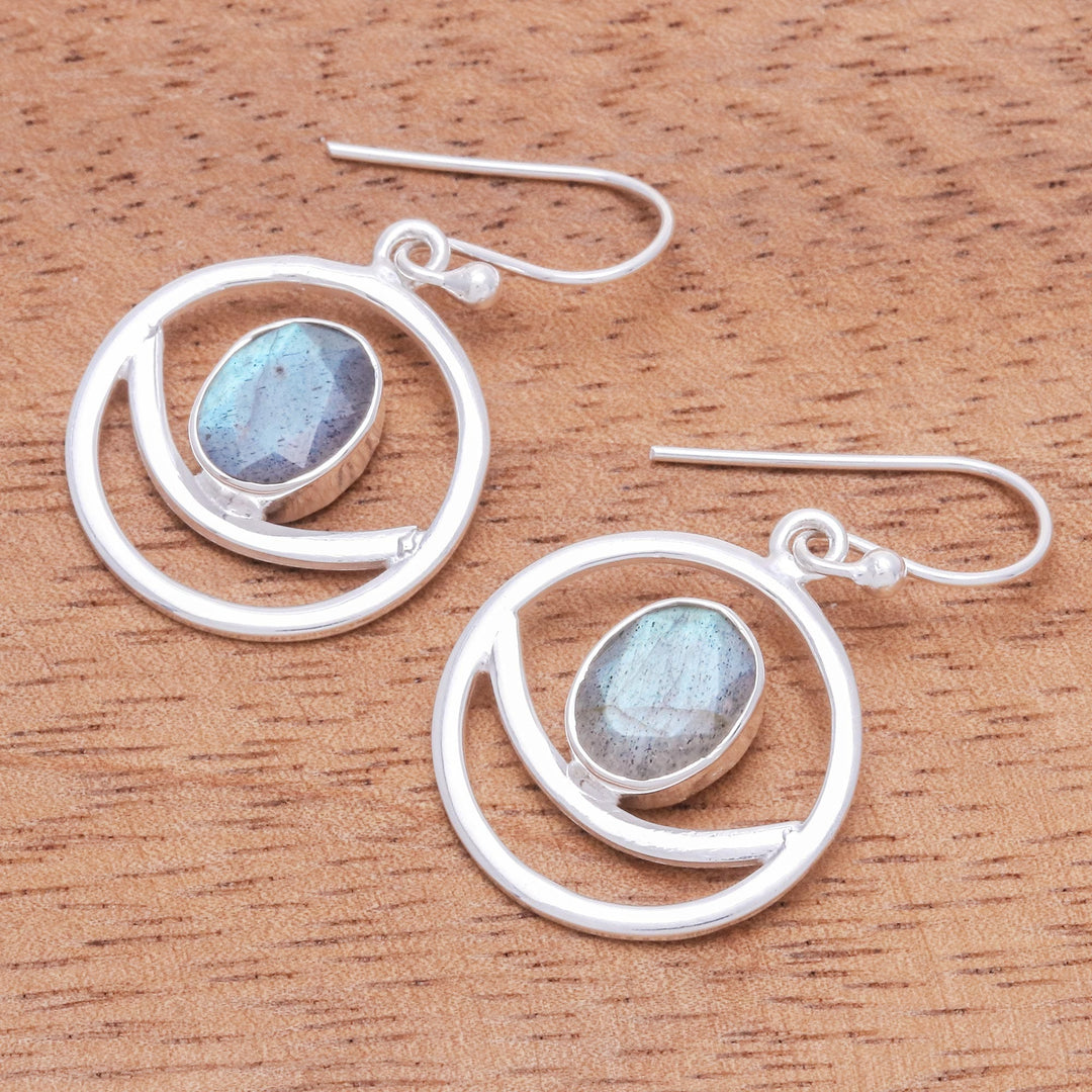 Hand Crafted Labradorite Dangle Earrings - Grinning Moon in Iridescent