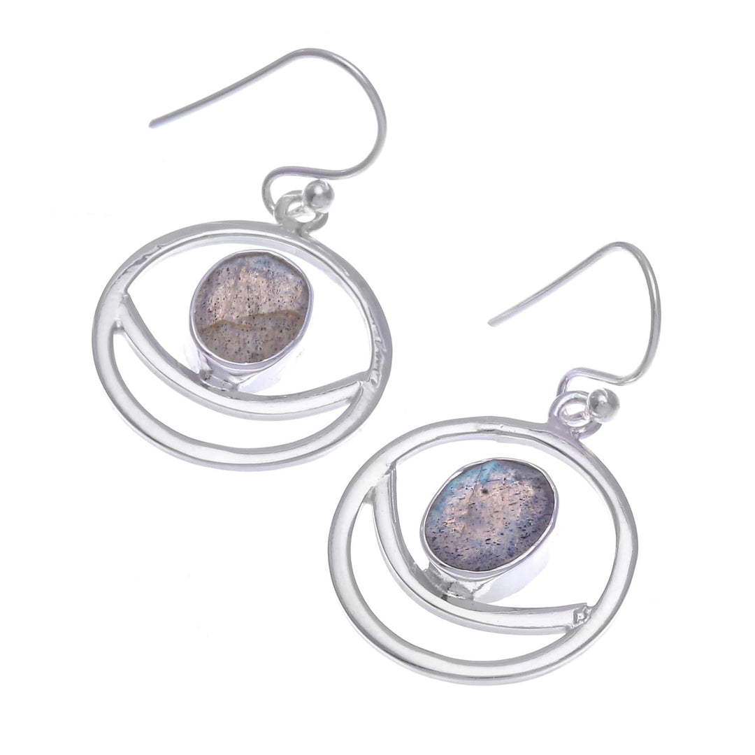 Hand Crafted Labradorite Dangle Earrings - Grinning Moon in Iridescent