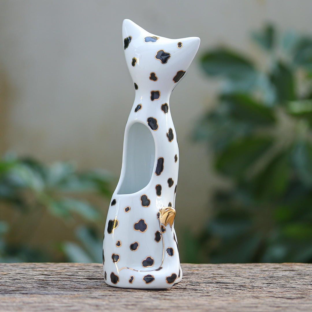 Gold Accented Cat Vase from Thailand - Dalmatian Cat