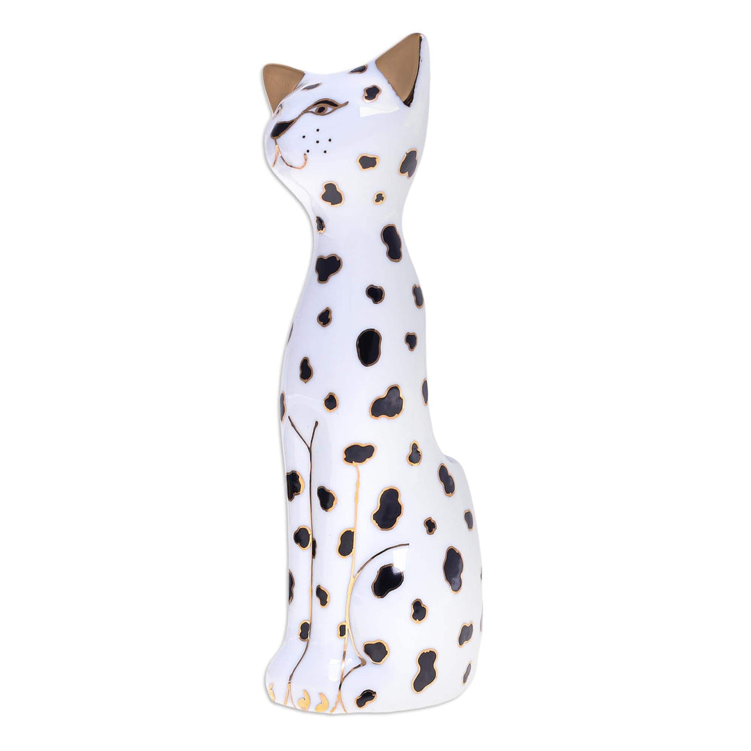 Gold Accented Cat Vase from Thailand - Dalmatian Cat