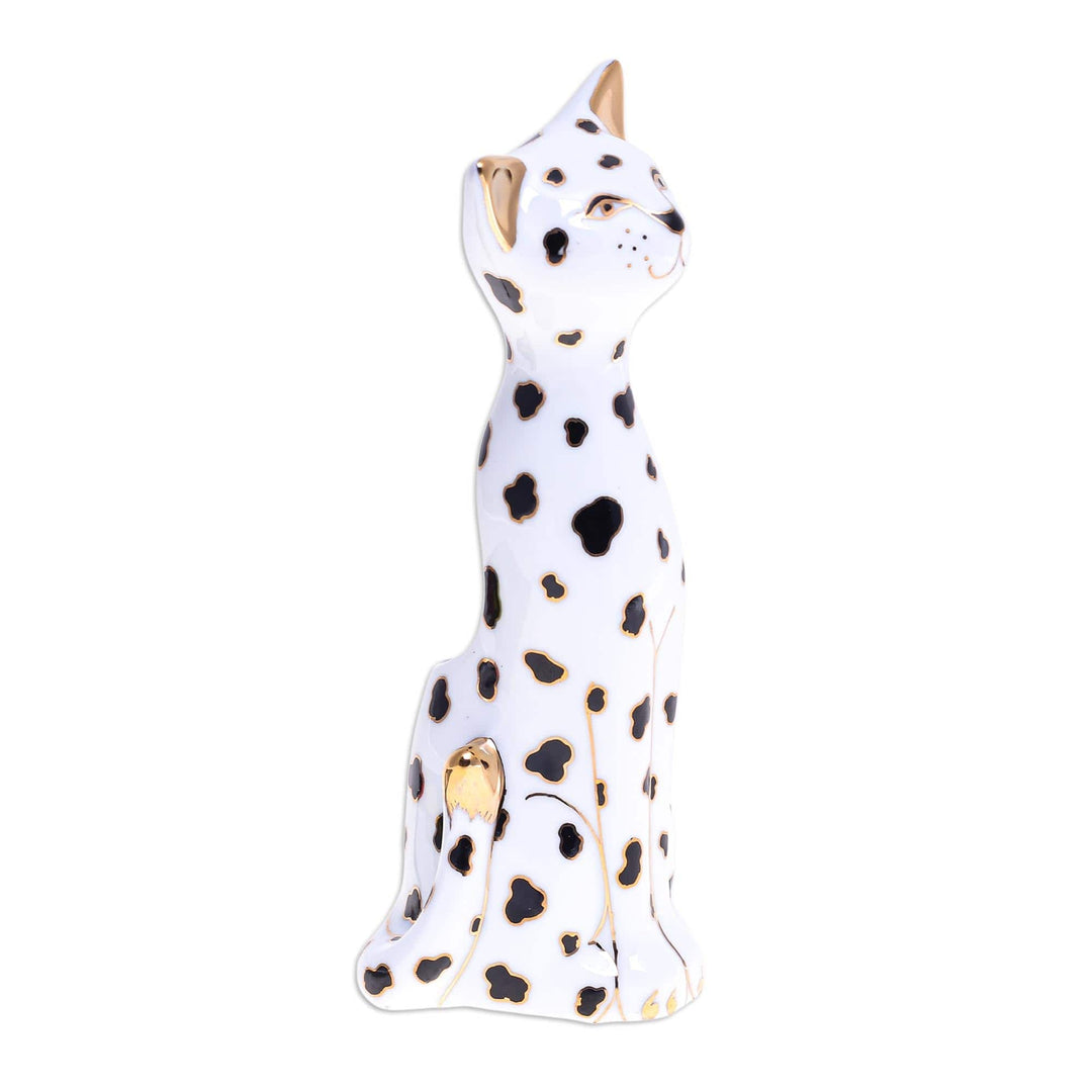 Gold Accented Cat Vase from Thailand - Dalmatian Cat