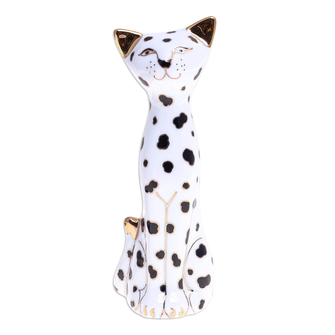 Handcrafted Benjarong Porcelain Cat Figurine - Dalmatian Cat