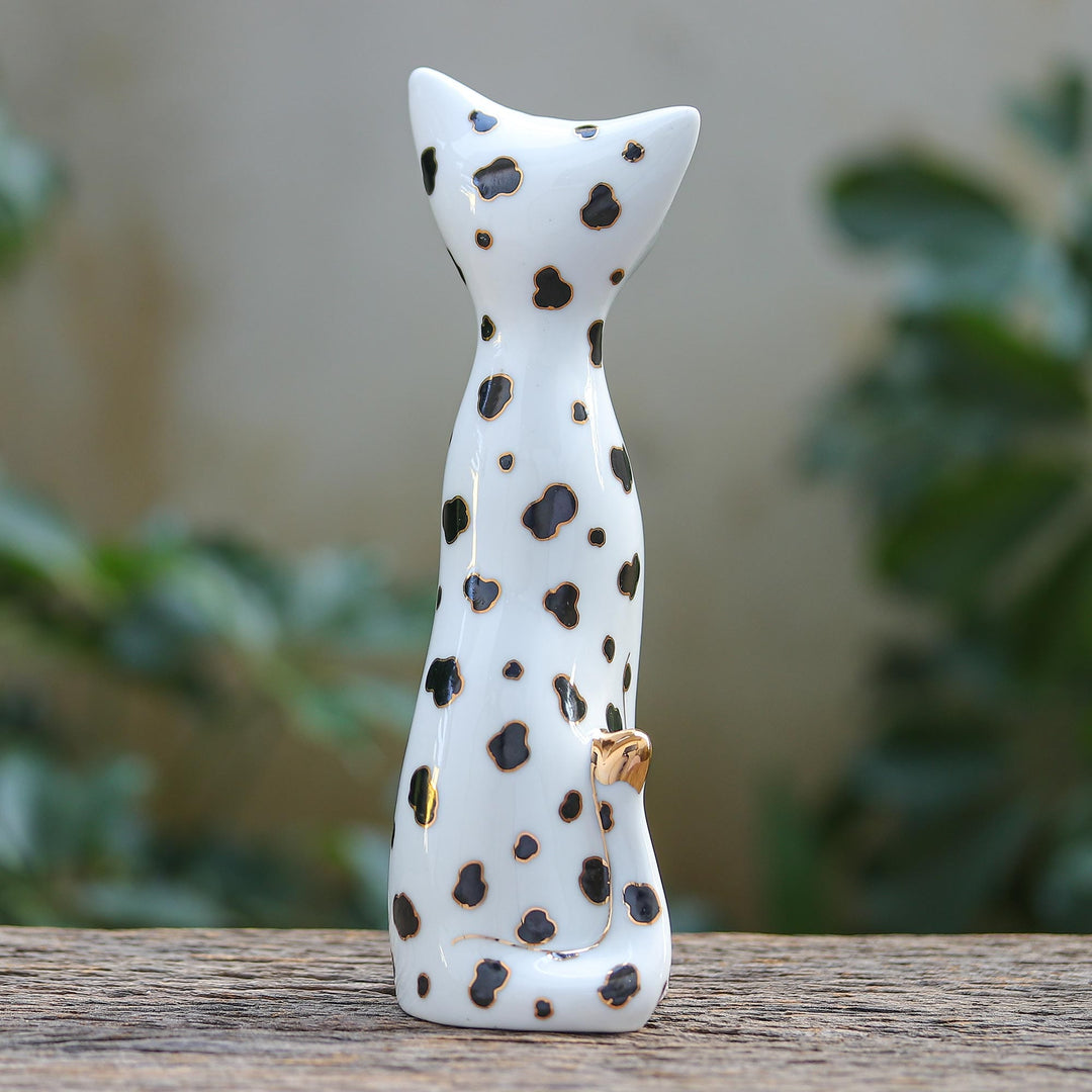 Handcrafted Benjarong Porcelain Cat Figurine - Dalmatian Cat