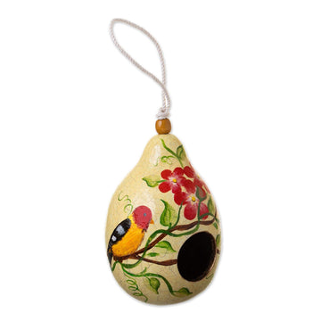 Dried Mate Gourd Birdhouse with Bird on a Flowering Tree - Antique Courtyard
