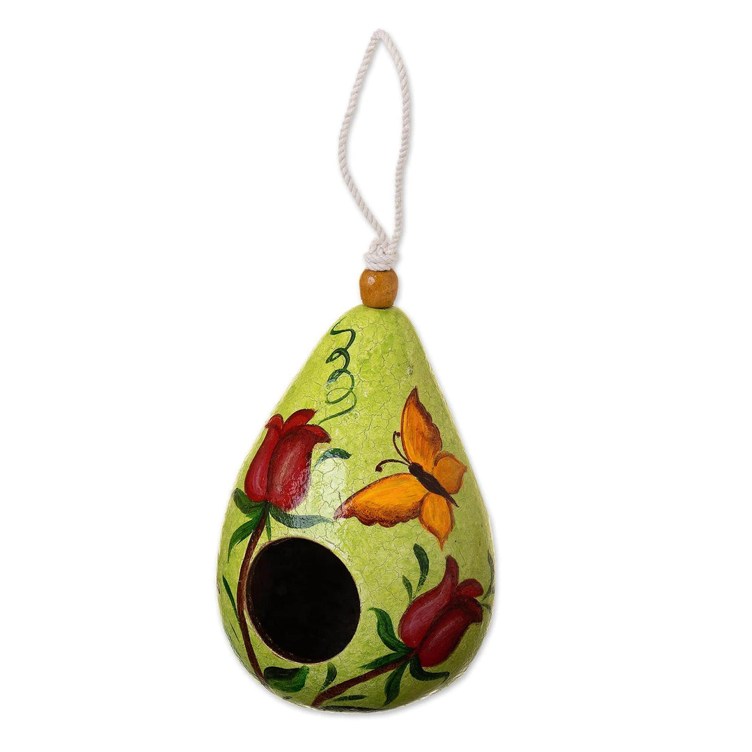 Spring Green Hand Painted Dried Gourd Birdhouse from Peru - Spring Green Condo