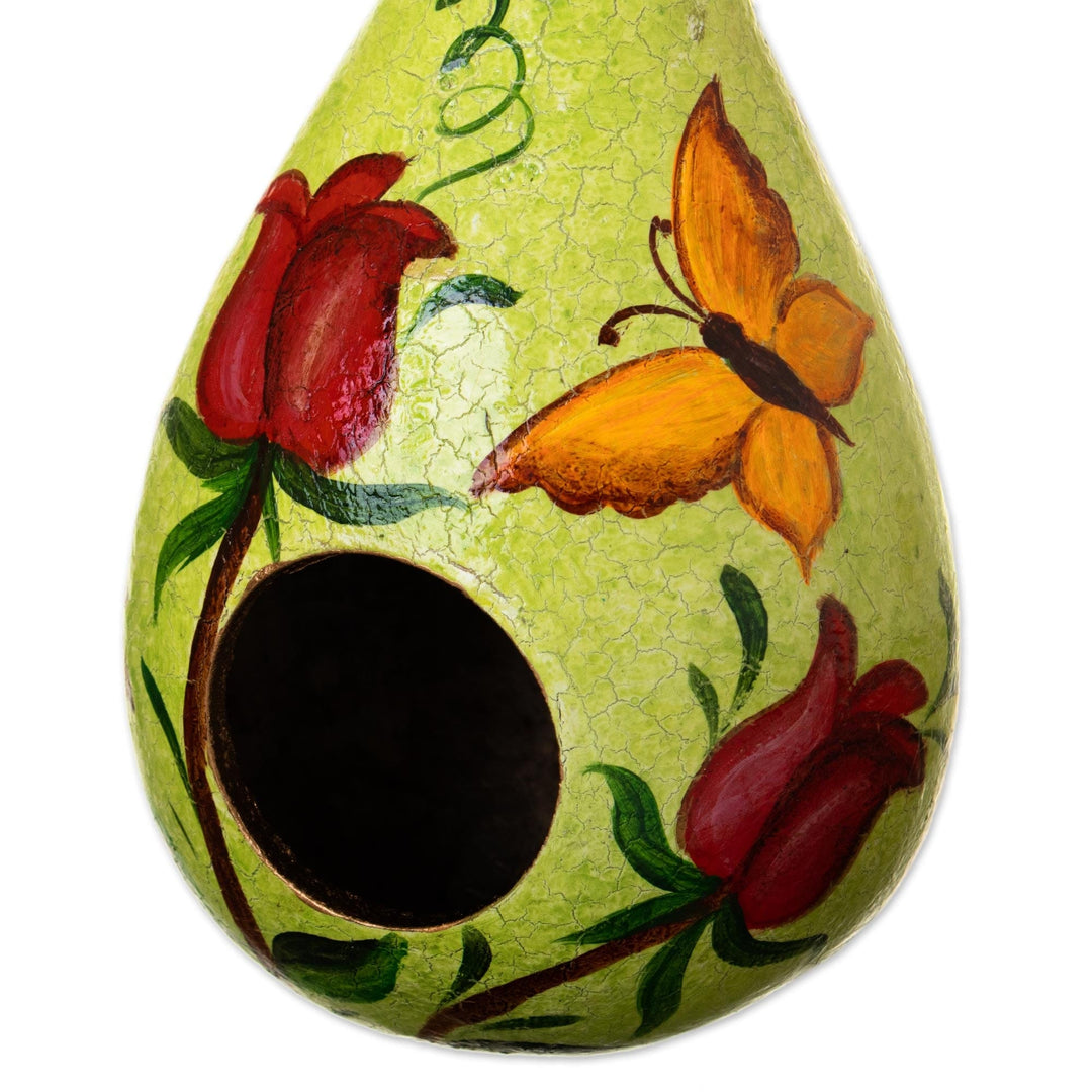 Spring Green Hand Painted Dried Gourd Birdhouse from Peru - Spring Green Condo