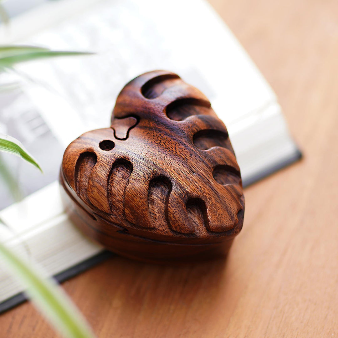 Hand Carved Wood Puzzle Box with Leaf Motif - Loving Leaf