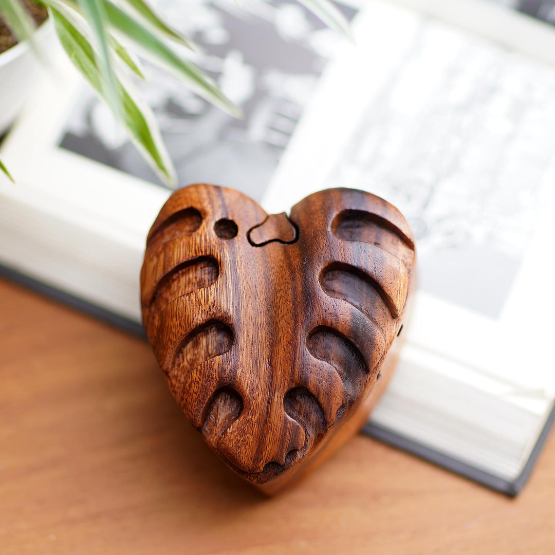 Hand Carved Wood Puzzle Box with Leaf Motif - Loving Leaf