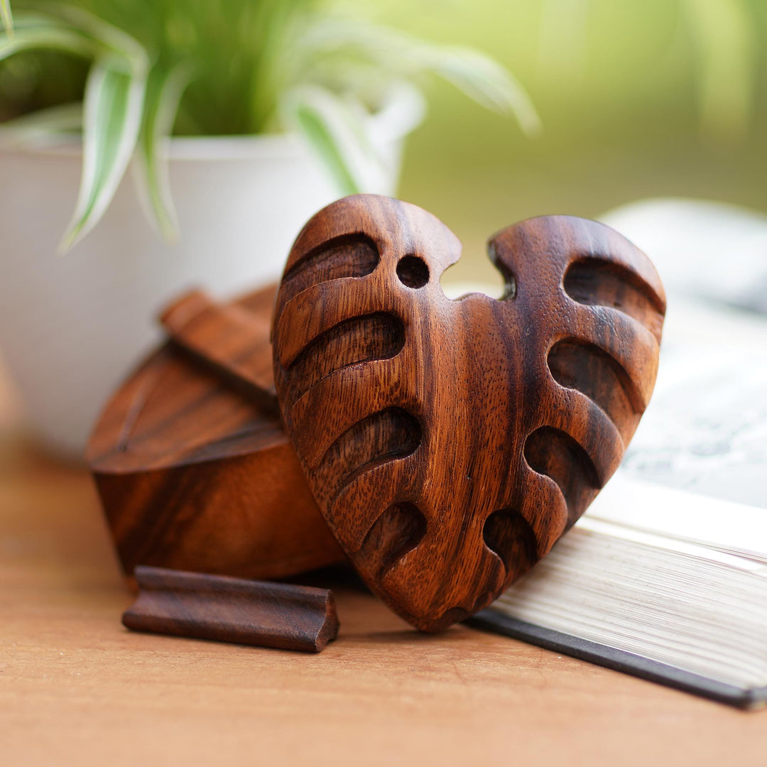 Hand Carved Wood Puzzle Box with Leaf Motif - Loving Leaf