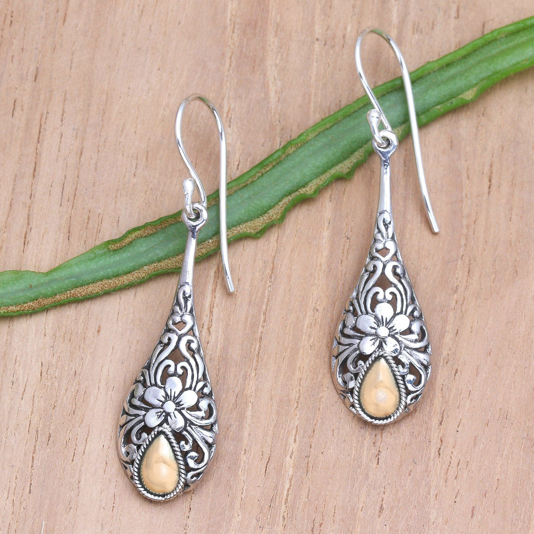 Gold Accented Sterling Silver Raindrop Earrings with Flowers - Floral Raindrop